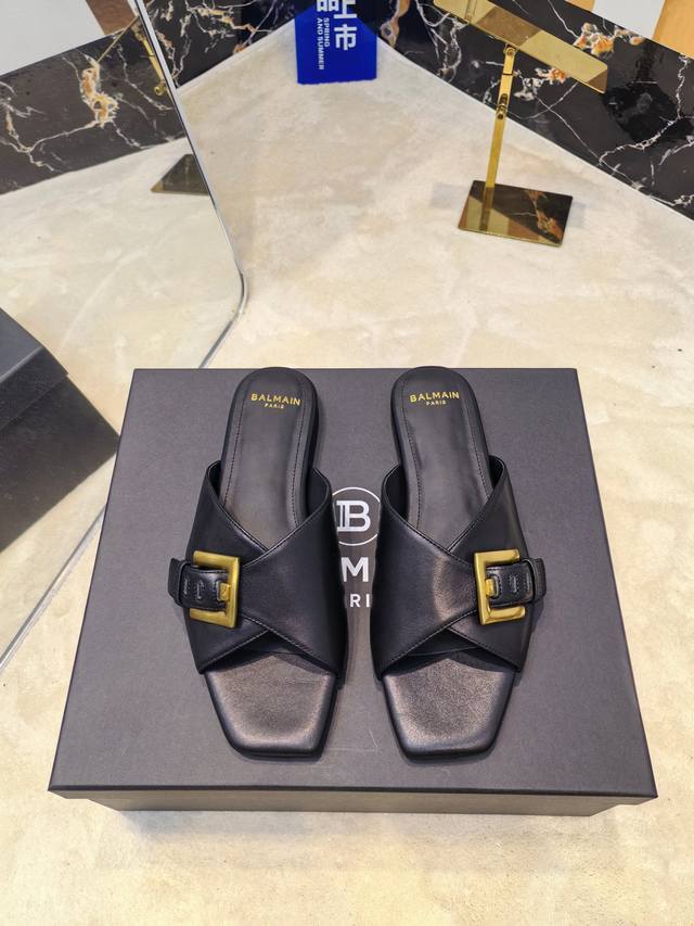 Factory P, * Balmain 2025 latest catwalk square toe flat slippers Brand Balmain