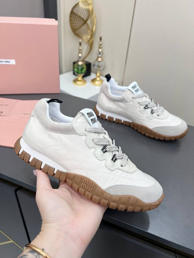 Miumiu Miu Miu Spring 2025 New Technical Fabric and Calfskin Suede Tire Sneakers