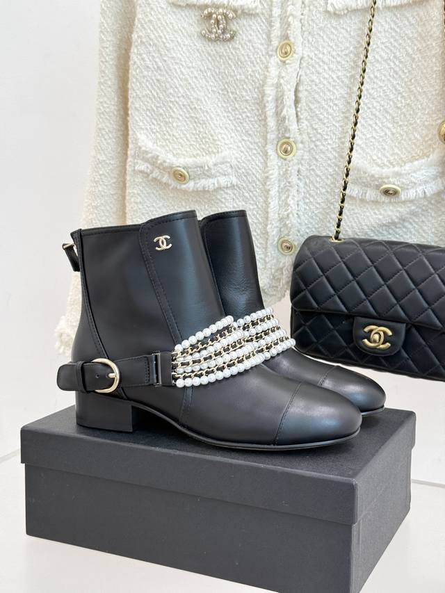 Factory Price: Chane* | Chanel Classic Pearl Chain Colorblock Block Heel Ankle