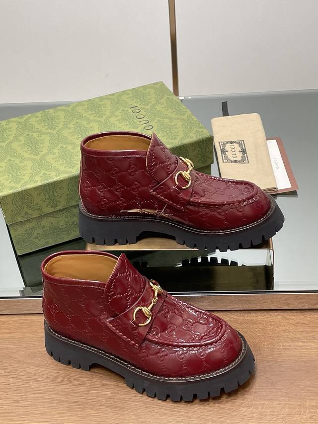 Gucci's latest Gucci Horsebit thick-soled couple's ankle boots with butter-embos