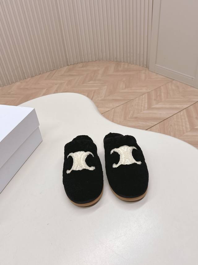 Celine 2025Ss Fall/Winter new furry half-slippers, furry shoes, Arc de Triomphe