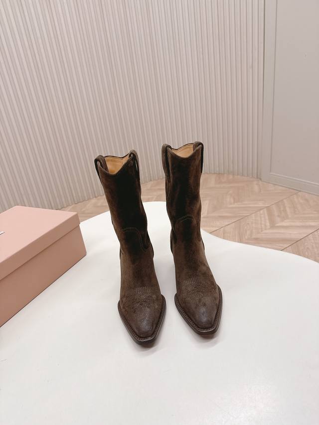 Niu Niu leather surface Miu Miu's latest autumn and winter western cowboy boots