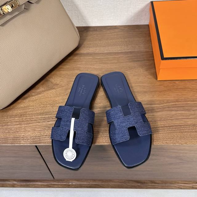 Denim Hermes H slippers Oran sandal series is fashionable and versatile, super c