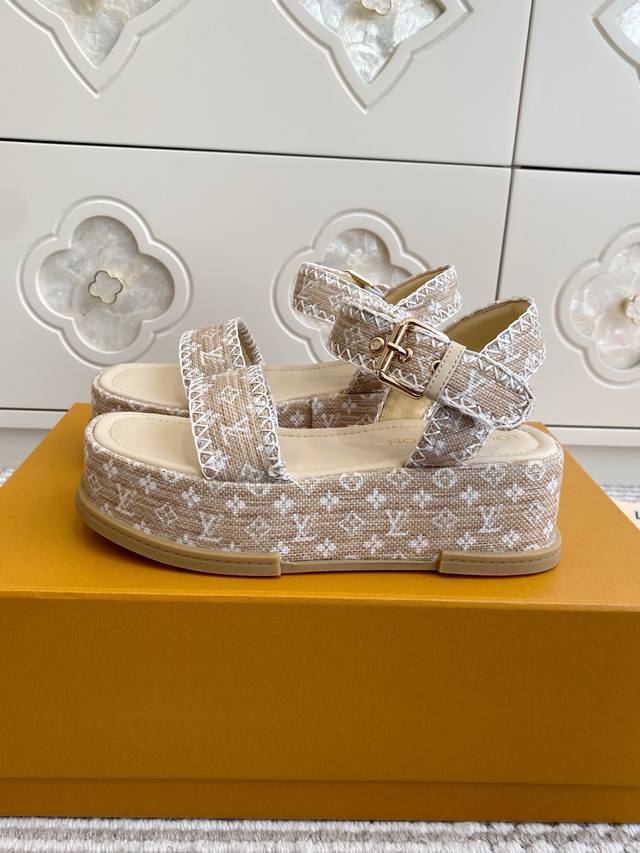Louis Lv x Tm Maya Platform Cherry Embroidered Denim Platform Sandals. Premium Q