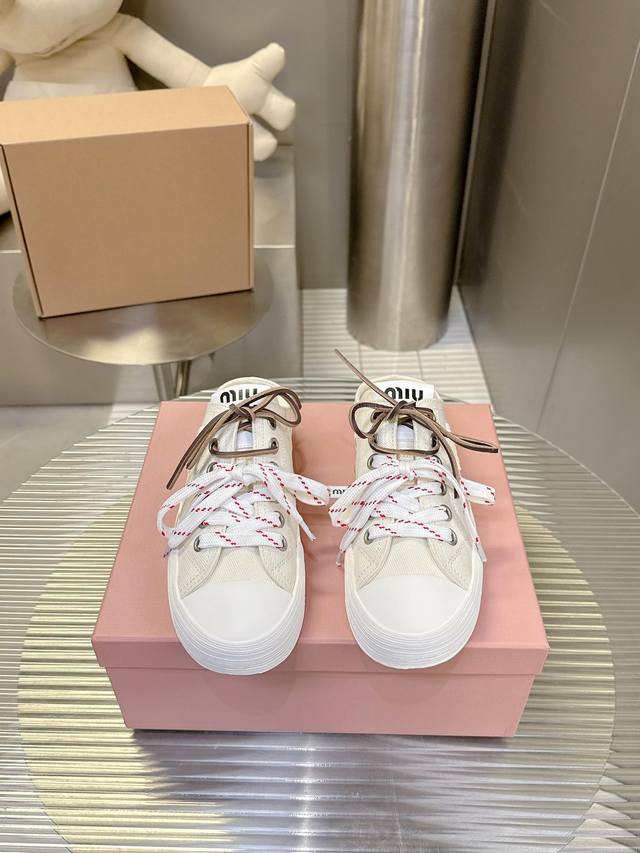 Miu Miu Retro Biscuit Shoes, Casual Canvas Shoes, Double-Lace Cloth Shoes These