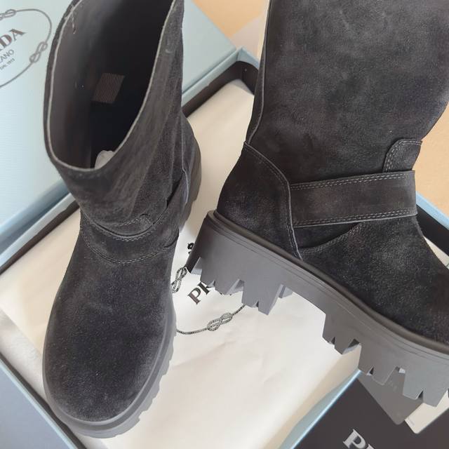 Premium Edition: Women's Prada triangle-logo platform ankle boots (motorcycle an