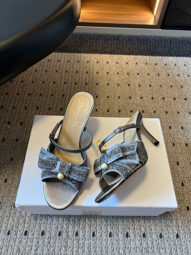 Dior 25Ss Spring and Summer New Cd Hot Diamond Bow Pearl Buckle High Heel Sandal