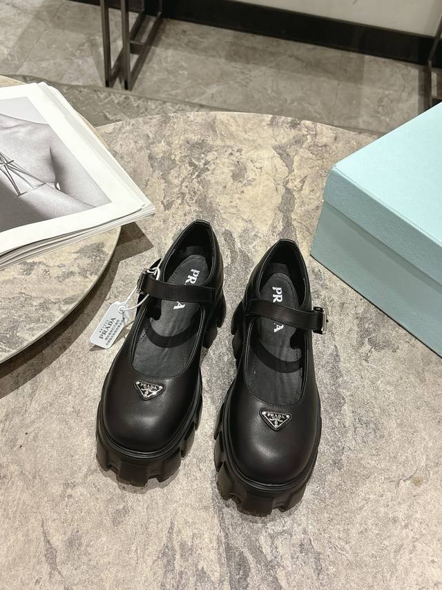Prada's latest Monolith Mary Jane shoes from 2018. The iconic Monolith shoe's ge