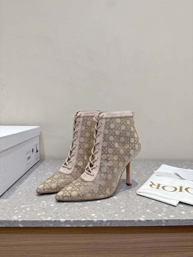 Dior 25Ss Fall/Winter New Diamond Mesh Tribales Series High-Heeled Ankle Boots w