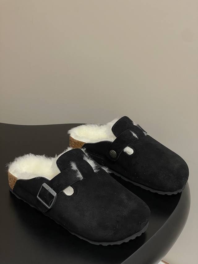 Birkenstock wool mules, furry half slippers, couple's style leather suede fashio