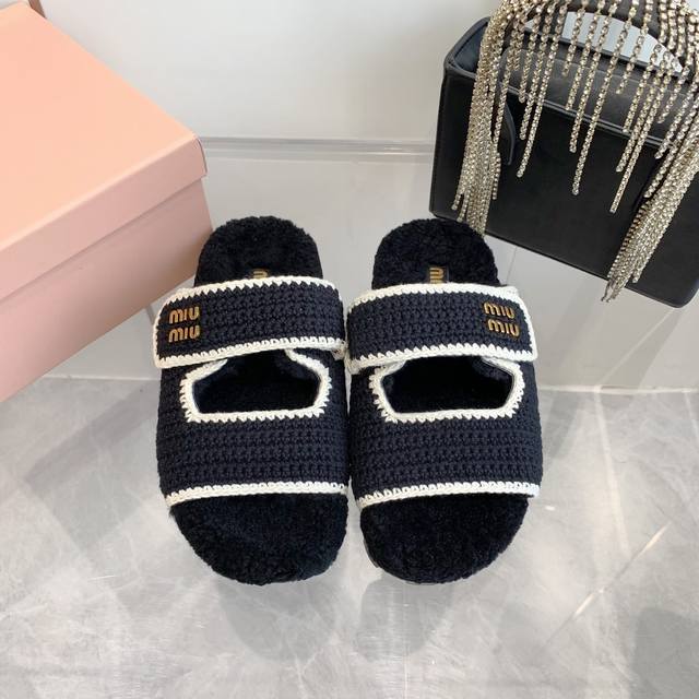 Miumiu Miu Miu two-strap Velcro woven thick-soled flat slippers New autumn and w