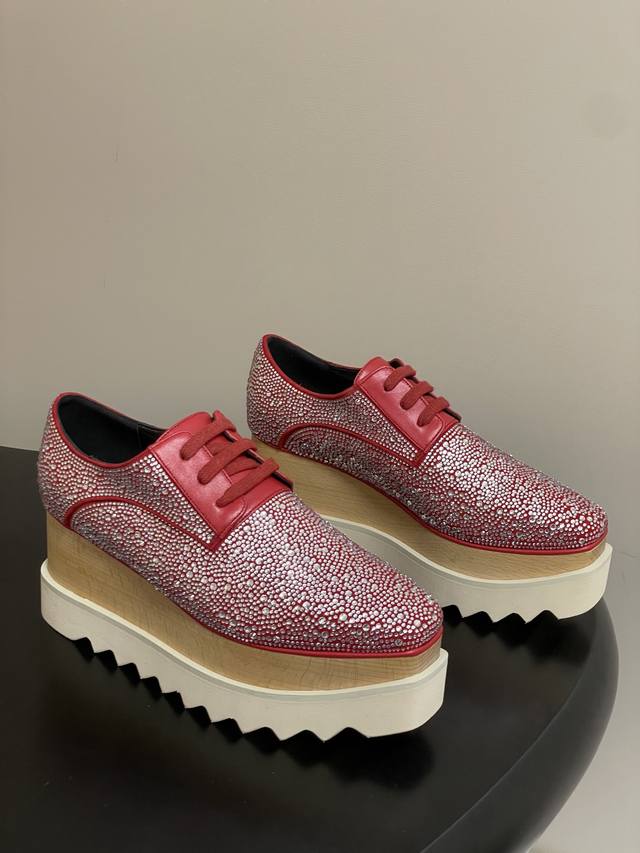 Stella Mccartney original solid wood sole star platform shoes with diamond surfa