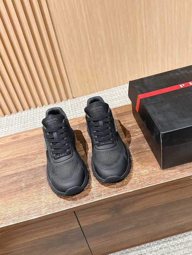 Prada men's triangle logo casual sports shoes mesh + leather material fashionab