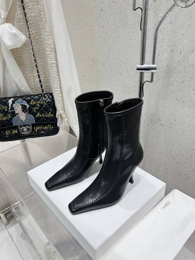 The Row autumn and winter new square toe stitching side zipper stiletto ankle bo