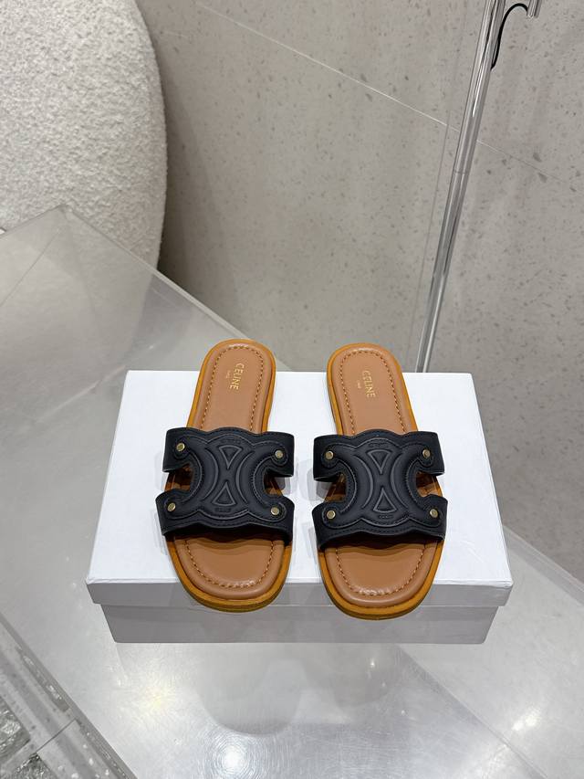 Leather surfaceCeline Celine 2025Ss spring and summer new slippers Arc de Triomp