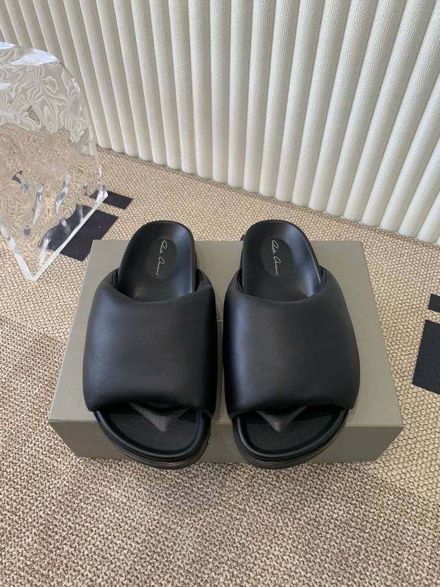 Couple's Rick Owens Lido Slide Granolas series Ro thick-soled sheepskin and hor