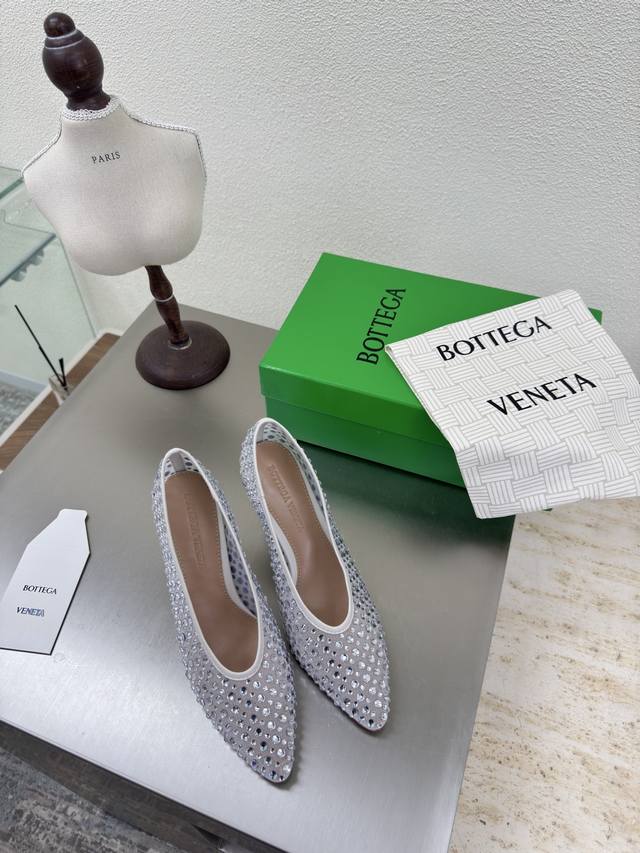 Mesh diamond Bv women's Sofia deep-cut high heels with mesh diamonds white mesh