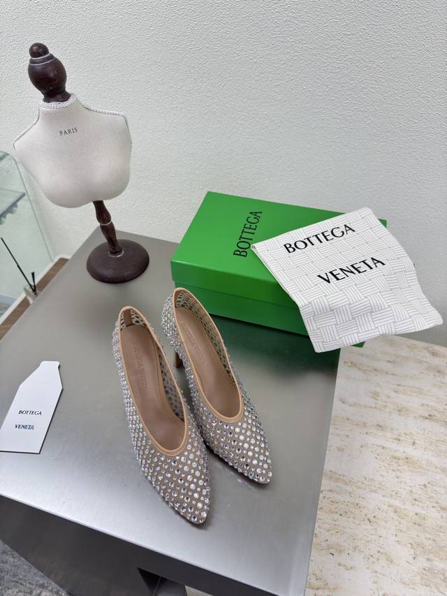 Mesh diamond Bv women's Sofia deep-cut high heels with mesh diamonds apricot mes