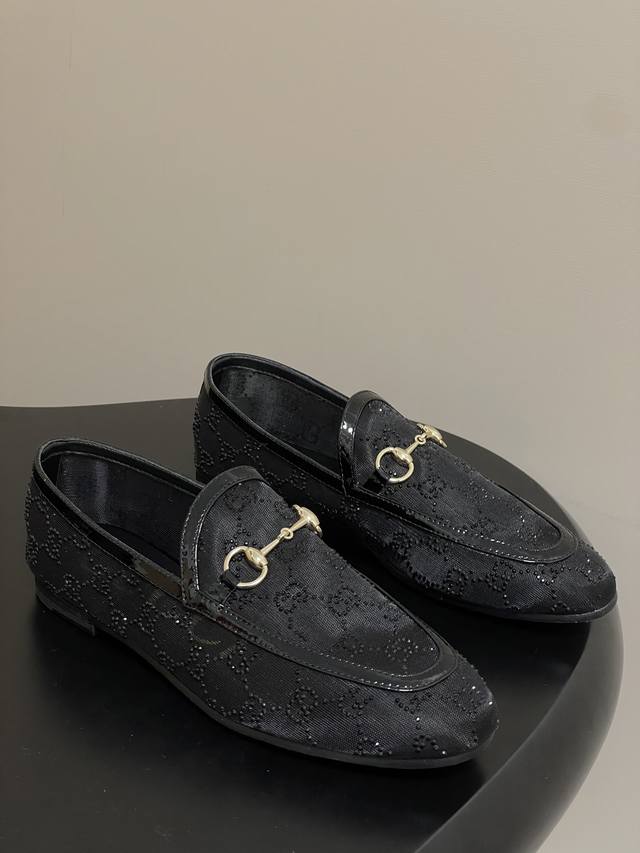 Classic horsebit buckle Mesh rhinestone mules and half-slippers, a top-notch re