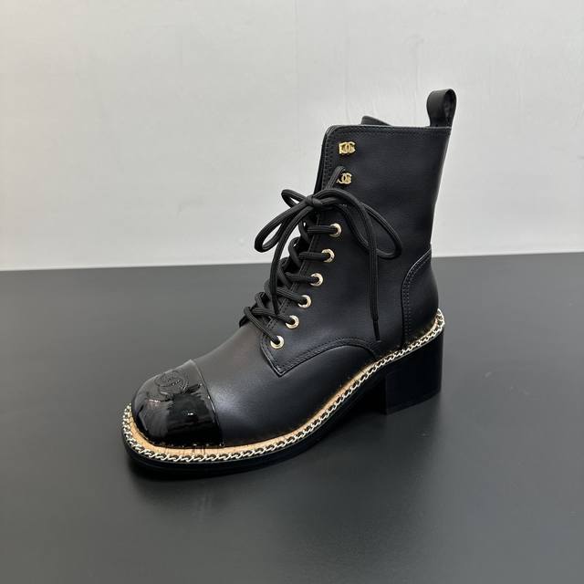 25Ss New Fall/Winter Chanel Chain Square Toe Chunky Heel Lace-Up Zippered Ankle
