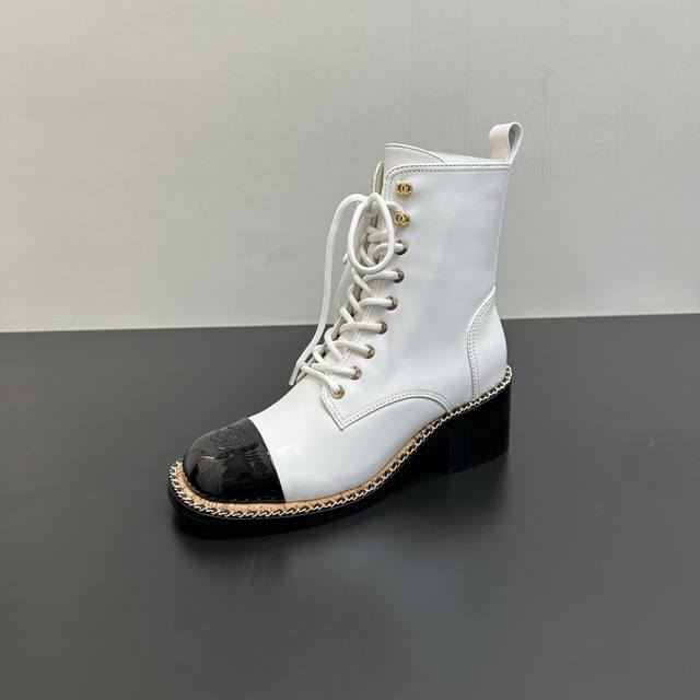 25Ss New Fall/Winter Chanel Chain Square Toe Chunky Heel Lace-Up Zippered Ankle