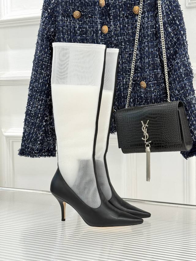 Factory Price: The Row 25Wf new mesh and leather pointed-toe high-heeled boots.