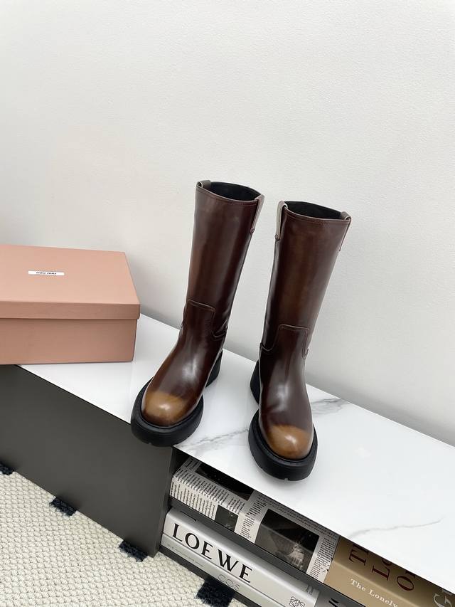 Miu Miu 25Ss Fall/Winter New Style Rubbed Color Thick-Sole High-Top Nude Boots T