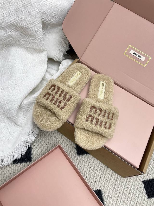 Airplane Box 10 Shopping-level Miu Miu 2025 Fall/Winter New Letter Wool Slipper