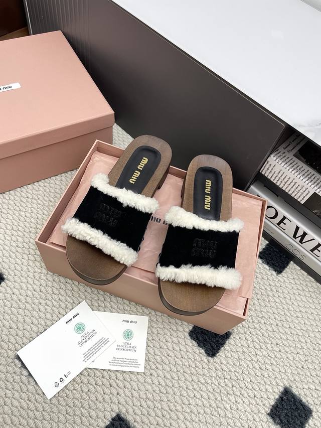 Slippers 325 Closed Toe Miumiu 25Ss Autumn/Winter Runway Style Solid Wood Sole S