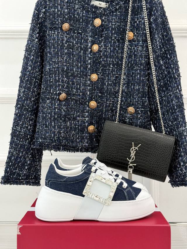 Factory Price: Roger Vivier RV Square Buckle Thick-Sole Casual Sneakers. A supe