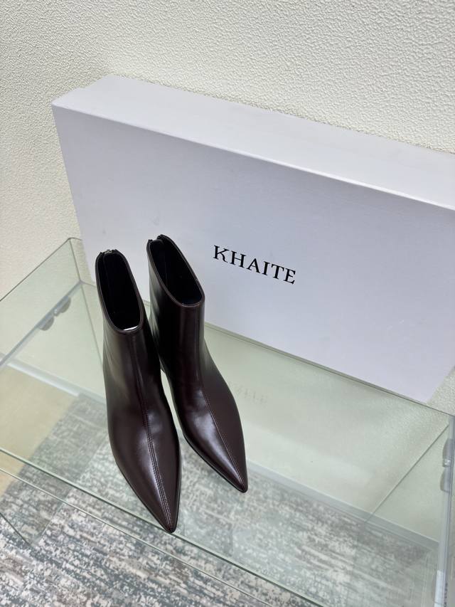 Khaite Ankle Boots with Back Zipper, Pointed Toe, Mid-Heel, Calfskin Leather. K