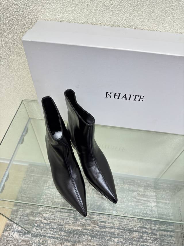 Khaite Pointed-Toe Mid-Heel Boots Calfskin Khaite's edgy, sharp, and fearless d