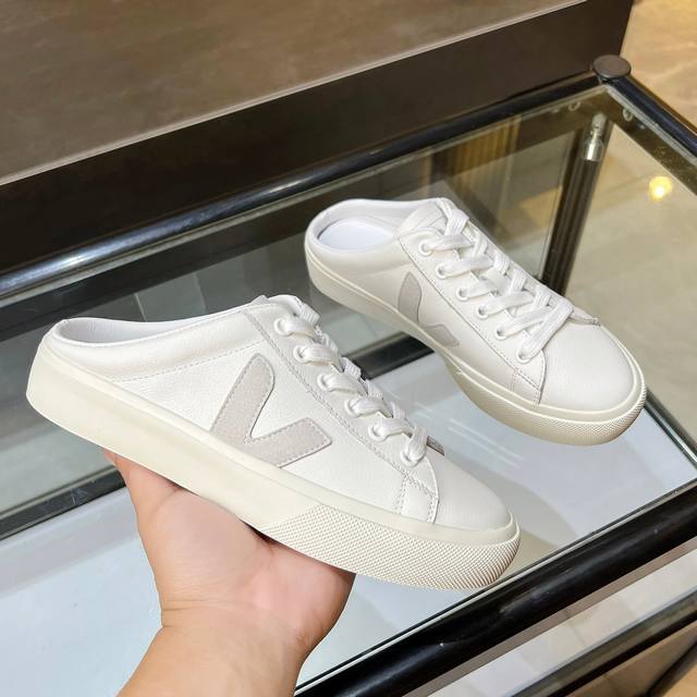 French Veja classic white shoes with V-mark lace-up, retro flat-heeled thick-so