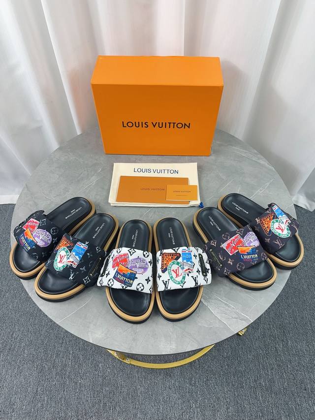 LV's popular embossed logo slippers. These Pool Pillow Comfort flat slippers are