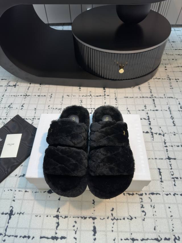 celine 2025 Fall/Winter New Arrival, Textured Double-Strap Wool Slippers This se