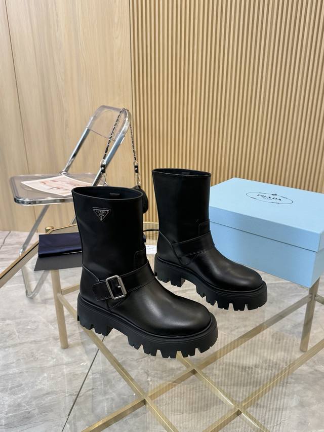 Factory-made p-leather cowhide leather prada25Ss classic triangle logo slip-on