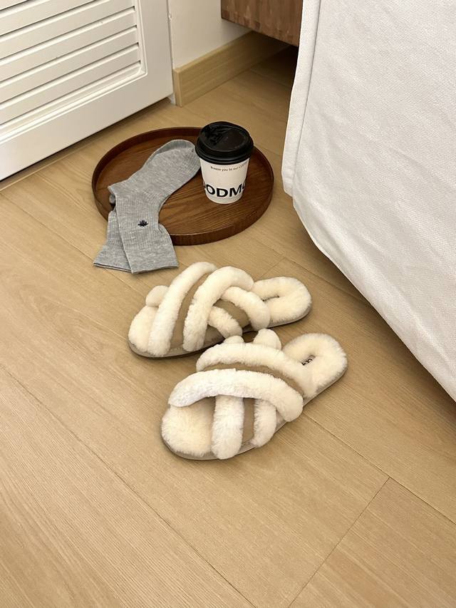 Uugg women's casual open-toe furry comfortable home sandals #cross-slip wool sli