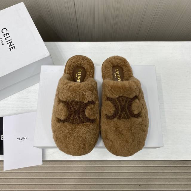 Factory price p Celine 25Ss new autumn and winter wool closed-toe slippers This