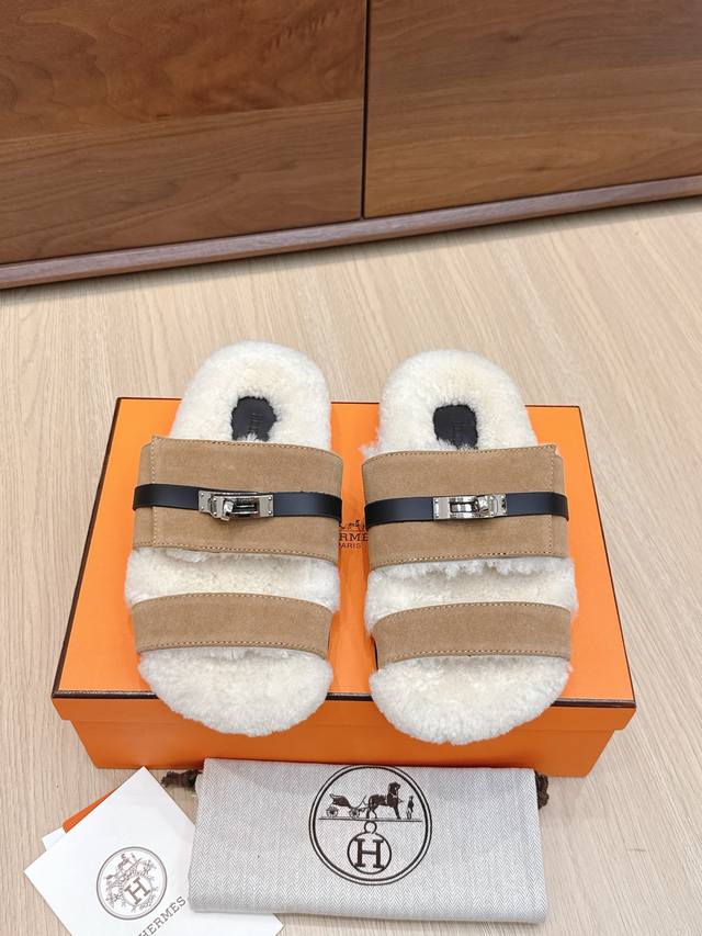 Agent-level Hermes Hermes 25 latest autumn and winter Kelly wool slippers Super