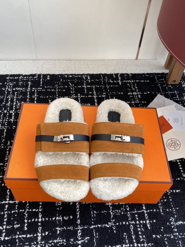 Agent-level Hermes' latest autumn and winter Kelly slippers Super versatile, bea