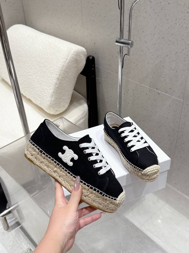 Celine Celine 2025Ss new Arc de Triomphe thick-soled hemp rope canvas shoes fish