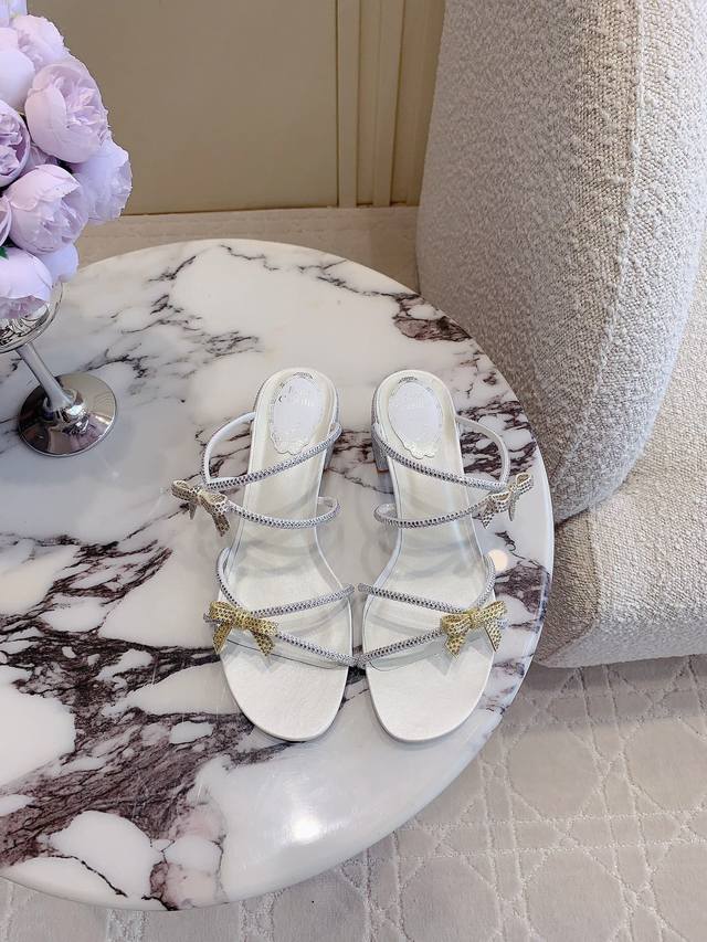 Factory price p Ren* Caovill* new rhinestone bow thick-heeled sandals, always f