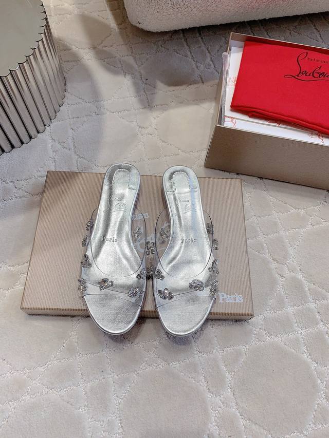 Factory price p Christian Loubouti* New crystal transparent red-soled slippers,