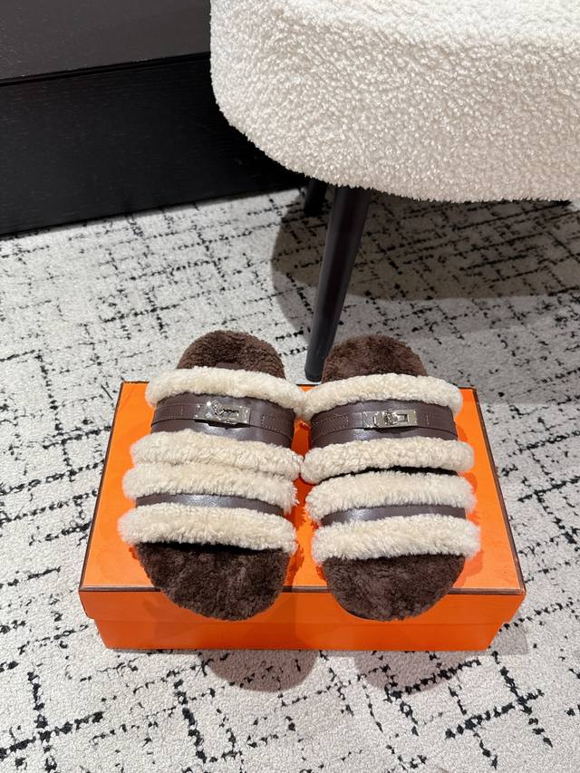 Hermes 25 latest autumn and winter Kelly fur slippers Super versatile, beautifu
