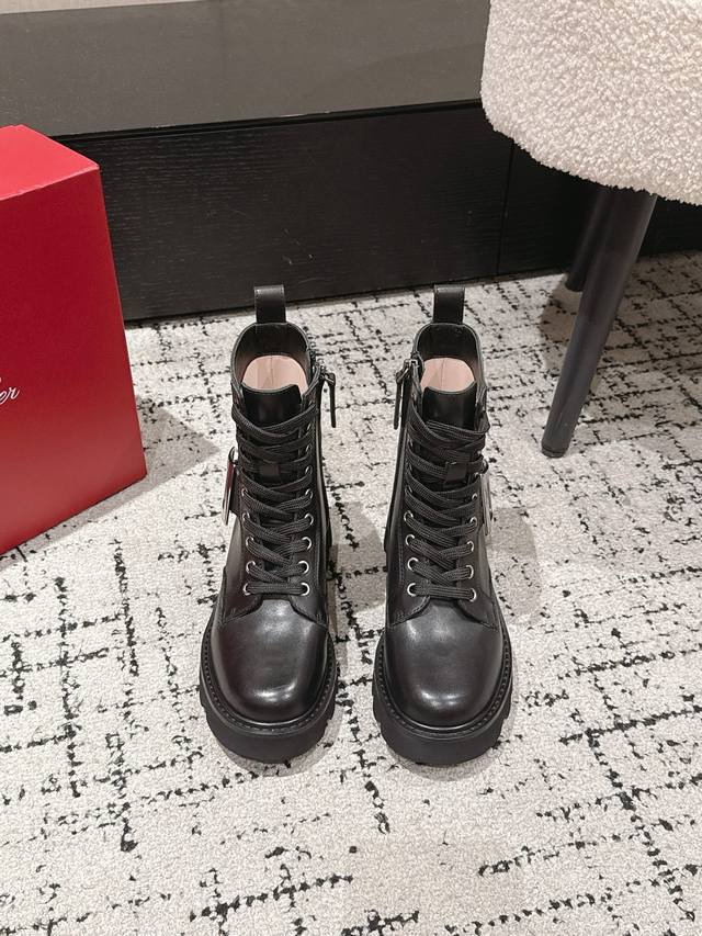 Frosted leather Roger Vivier RV new square-buckle lace-up Martin boots The highe
