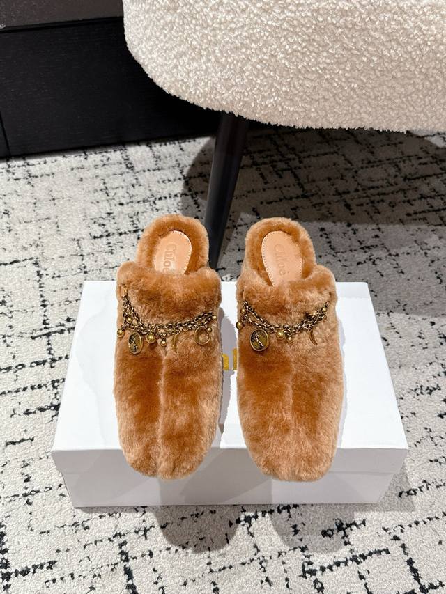 Chloe's classic autumn and winter new style closed-toe fur slippers, Chloe fur s