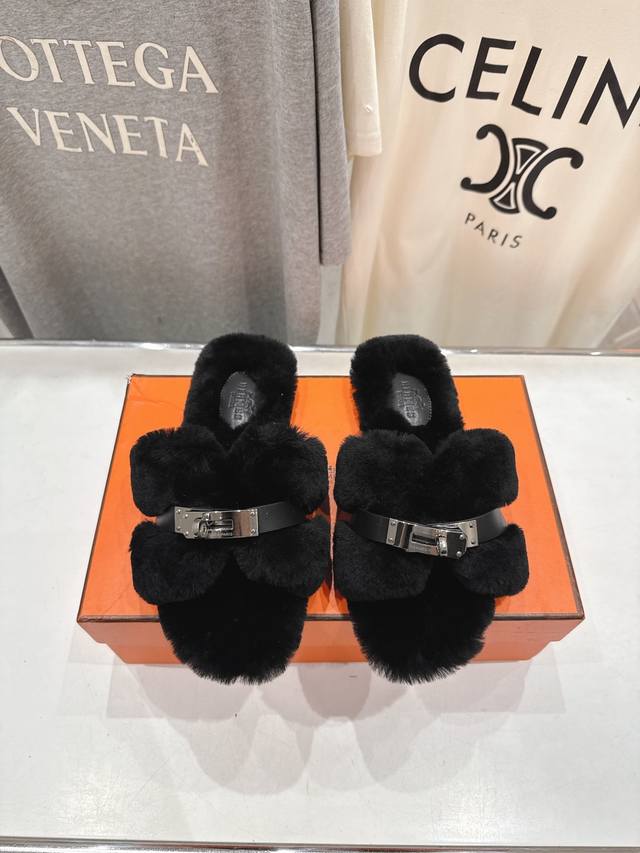 Top-quality factory-made Hermes* F021 2025Ssh new flat fur slippers. Exceptional