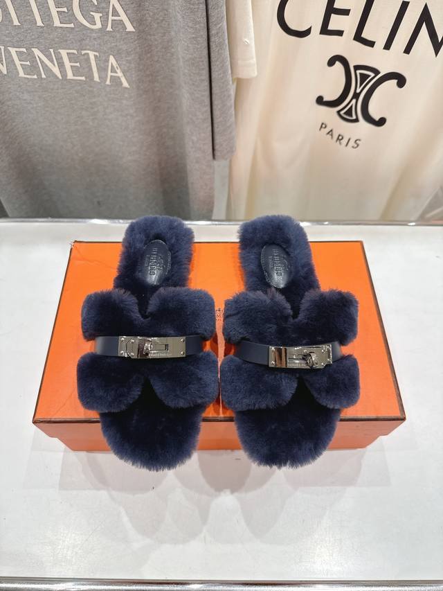 Top-quality factory-made Hermes* F021 2025Ssh new flat fur slippers. Exceptional