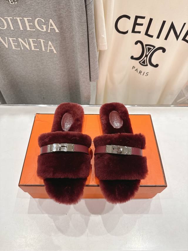 Top-quality factory-made Hermes* F021 2025Ssh new flat fur slippers. Exceptional