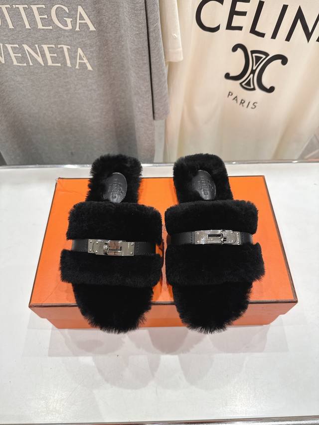 Top-quality factory-made Hermes* F021 2025Ssh new flat fur slippers. Exceptiona